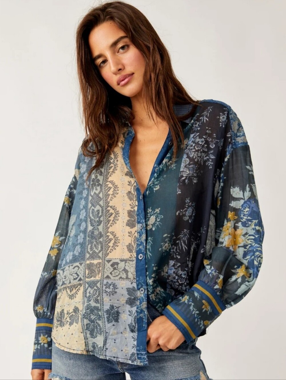 Free People Flower Patch Button Up Shirt Women XS Blue Cotton Boho Floral